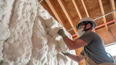 man in helmet adding insulation to home