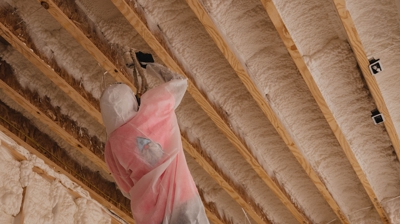 Spray foam technician spraying insulation on wood frame